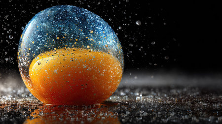 An abstract composition features a spherical form enveloped by droplets, suggesting a liquid or ethereal quality. The artwork showcases a gradient of colors, with a bright, warm center and a cooler, darker periphery. It uses a blend of textures, possibly suitable for editorial uses.の素材