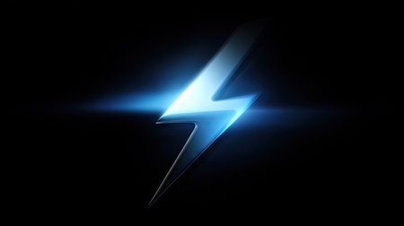 A dynamic illustration showcases a stylized blue lightning bolt, emanating light against a deep black backdrop. The image utilizes a gradient to create a sense of depth and three-dimensionality. It would be suitable for various uses, including design projects, presentations, and marketing materials.の素材
