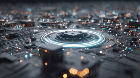 An artistic representation showcases a complex digital circuit board, illuminated with various lights. The composition highlights a central processing unit, with bright blue and white neon-like rings. The image suggests a technological environment, suitable for illustrating concepts related to data, innovation, and digital processing for commercial uses.の素材