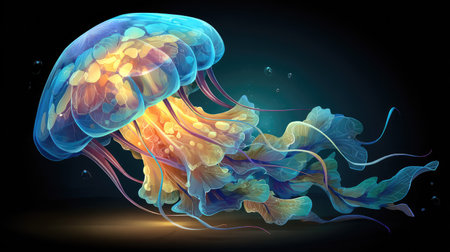 A digital illustration showcases a jellyfish with luminous colors. The image highlights a complex composition with intricate details in the jellyfish's form. The scene uses gradients and highlights, suggestive of underwater life. Suitable for decorative projects or conceptual designs.の素材