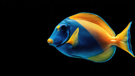 A colorful fish with blue body and yellow fins is showcased against a stark black backdrop. The image emphasizes the fish's form and color contrast, highlighting details. Suitable for commercial applications, the image is composed with a focus on visual impact in diverse creative projects. The lighting is strong, and the composition is clear and simple.の素材