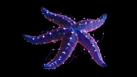 A close-up view presents a brightly colored starfish, highlighted by a dark backdrop. The aquatic creature exhibits a blue and purple color scheme, emphasizing its intricate surface details. This image is suitable for use in various visual media, including educational materials, design projects, and decorative purposes.の素材