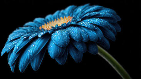 A striking blue gerbera daisy is the focal point, its petals adorned with glistening water droplets. The flower exhibits a radial composition and features a yellow center, set against a deep black backdrop. The lighting highlights the texture. This image could be suitable for various design projects.の素材