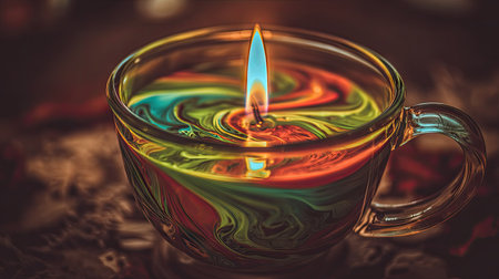 A close-up captures a candle flame burning inside a glass cup filled with colorful wax. The image showcases swirling patterns of blues, greens, and oranges. The warm lighting suggests an indoor setting, and the image could be used for various design, decorative, or artistic purposes.の素材