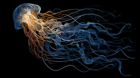 A digital illustration features a translucent jellyfish with a complex design. The artwork displays a gradient of colors from warm orange to cool blue against a black backdrop. The composition suggests an underwater environment with the jellyfish drifting. This image can be used for various design projects and creative content.の素材