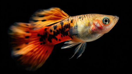 A close-up captures a vividly colored guppy fish with orange and black markings. The fish displays intricate fin patterns against a solid black backdrop. The image utilizes balanced lighting to highlight the scales and textures, potentially suitable for educational materials or aquatic-themed design projects.の素材