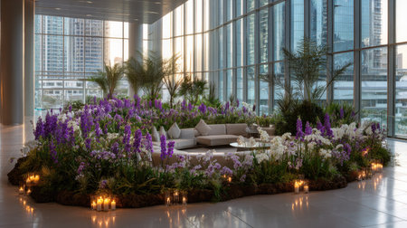 An interior shot showcases a circular seating area surrounded by vibrant purple and white flowers and lush greenery. The composition features a neutral-toned sofa and small tables, bathed in soft, natural light filtering through large windows. This scene evokes a sense of tranquility and could be suitable for lifestyle or design-related content.の素材