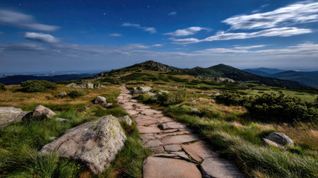 A stone pathway winds through a grassy, mountainous landscape under a bright blue sky with scattered clouds. The scene features various shades of green, brown, and blue, creating a sense of depth and openness. This image could be used for travel, nature, or outdoor activity related projects.の素材