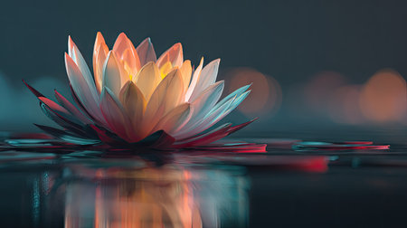 A close-up captures a blooming lotus flower gracefully afloat. The petals exhibit a gradient of colors, ranging from orange and yellow to pink and white. The water's surface reflects the flower, with blurred lights in the background. Ideal for various projects, it is suited for both commercial and editorial uses.の素材
