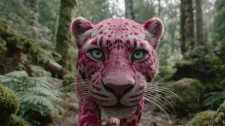 A close-up view presents a pink leopard against a blurred forest backdrop. The image showcases the animal's detailed features, including its eyes and spots. The scene is illuminated by diffused lighting, giving a natural appearance. It is suitable for various commercial uses, including advertising and editorial content.の素材