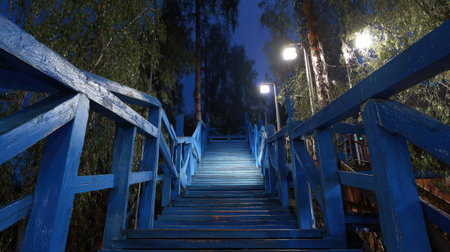 An upward-angled view showcases a blue wooden staircase flanked by railings, leading into a dark, wooded area. The composition features artificial lighting, creating a contrasting visual of illuminated steps and shadowed surroundings. This image could be used for various projects needing a moody, atmospheric backdrop or thematic illustration.の素材