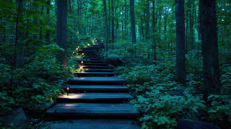 An elevated wooden staircase disappears into a vibrant forest canopy. The scene is dominated by shades of green and blue, creating a cool, immersive environment. The composition utilizes a low angle, emphasizing the climb and height. The image can be used for conceptual projects, travel and nature publications.の素材