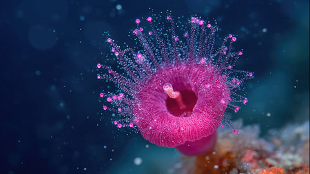 A close-up view presents a pink sea anemone, its delicate structure displayed in detail. The image showcases the anemone's form and texture with an interplay of light and shadow, set against a dark blue aquatic backdrop. Suitable for educational materials, scientific publications, and artistic design projects.の素材