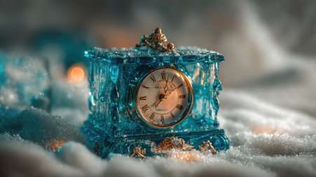 A decorative antique clock encased in a blue, textured glass container sits on a soft, white surface. The clock face shows Roman numerals and ornate hands. The composition features soft lighting and a shallow depth of field. Suitable for creative projects, this image conveys timelessness and elegance.の素材