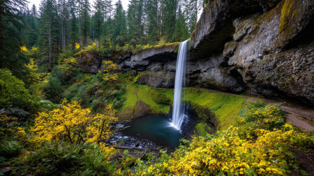 A waterfall plunges into a pond, framed by rock formations and verdant foliage. The scene showcases a cascade of water and a vibrant blend of green and yellow hues. This landscape composition can be suitable for various commercial and editorial applications, emphasizing natural beauty and outdoor settings.の素材