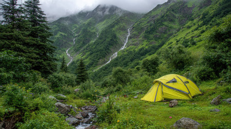 A vibrant yellow tent sits in a verdant landscape. Lush green foliage covers the foreground and the mountain slopes in the background. The scene showcases a cloudy, overcast day, and the composition evokes a sense of solitude and outdoor adventure. Suitable for various editorial and commercial applications.の素材