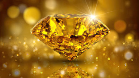Diamond on yellow bokeh background. Jewelry background. 3d renderingの素材
