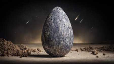 3d rendering of an egg in the sand with starry backgroundの素材