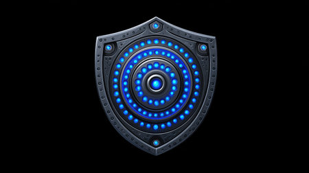 Shield with blue neon lights on a black background. 3d renderingの素材