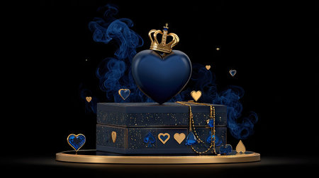 3d rendering of a royal crown in a blue heart shaped boxの素材