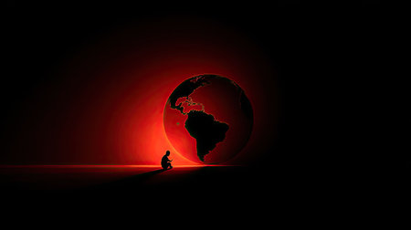 Silhouette of a man walking on the road in front of the globeの素材