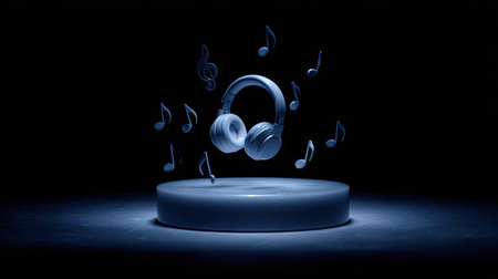 3d rendering of a blue headphones on a podium in the darkの素材