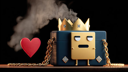 3d illustration of golden crowns with blue briefcase and red heartの素材