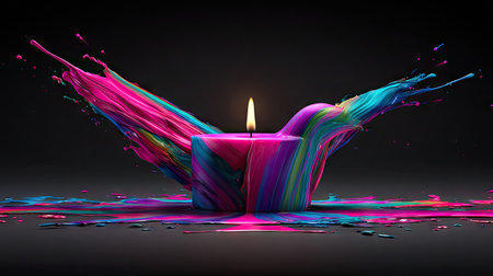 3d rendering of burning candle with colorful splashes on black backgroundの素材