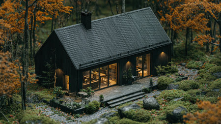3d rendering of a chalet in the forest in autumnの素材