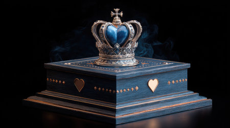 Casket with a blue crown and hearts on a black background.の素材
