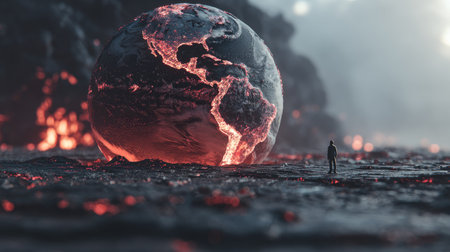 Man standing in front of burning planet earth. 3D Renderingの素材
