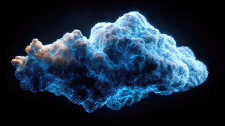 An abstract depiction showcases a luminous cloud structure, illuminated in shades of blue and gold against a dark backdrop. The composition features a textured appearance suggesting digital artistry or render. Suitable for various design projects, including use in advertising materials or for editorial purposes, the image conveys a sense of wonder.の素材