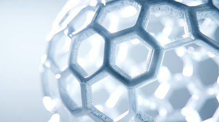 A close-up showcases a geometric sphere composed of interconnected hexagonal cells. The image highlights a soft, cool color palette, with gradients and shadows creating depth and dimension. This structure suggests a modern design, potentially suitable for use in science, technology, or abstract visual projects. It could be used for various commercial or artistic purposes.の素材