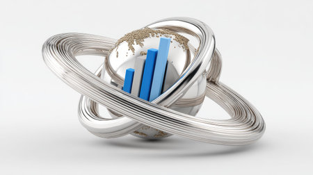 An artistic representation features a globe at the center, surrounded by a silver-colored orbital structure. Blue bar charts project upwards, suggesting financial growth. The design employs a high-key lighting approach on a plain white background, highlighting a modern and professional style suitable for diverse visual communication applications.の素材