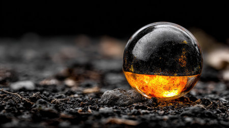 A close-up image features a partially illuminated sphere resting on a dark, textured surface. The orb displays vibrant orange and yellow internal light contrasting with the dark outer surface. The scene is lit with focused lighting creating strong shadows. Suitable for use in conceptual projects and visual communication materials.の素材