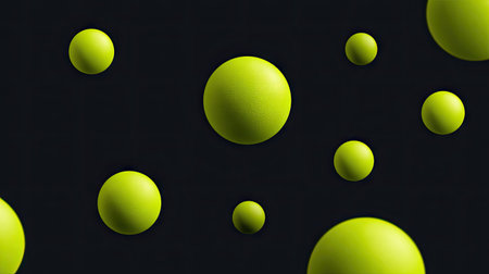 This image presents several lime-green spheres seemingly suspended against a dark, featureless backdrop. The composition showcases a smooth, gradient shading on each sphere, creating a sense of volume and depth. The overall aesthetic is clean and modern, suitable for various design projects and commercial applications.の素材