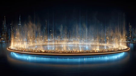 An illuminated circular structure is the central element of this artwork. The piece presents a vibrant display of digital light against a dark background, suggesting a futuristic concept. The composition features a mix of warm and cool tones, and could be appropriate for projects requiring a modern and technological atmosphere.の素材