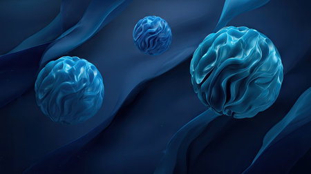 This abstract illustration presents three spherical shapes in varying sizes. The forms, rendered in shades of blue, appear to float within a darker blue environment. The composition employs soft lighting and a blurred background, suggesting a microscopic or conceptual setting. Suitable for use in scientific, educational, or creative projects.の素材