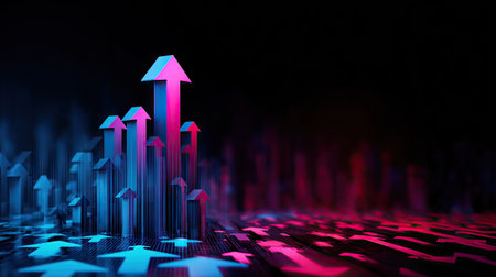 An illustration features multiple glowing arrows pointing upwards, rendered with a gradient of blue and pink. The digital artwork showcases a futuristic aesthetic, with textured surfaces and dynamic lighting. This image could be used for concepts related to growth, progress, and business, for commercial and editorial purposes.の素材