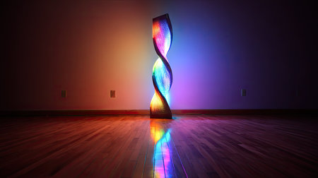 An illuminated abstract sculpture stands on a reflective wooden floor. The structure features a twisting design and is bathed in vibrant, multicolored light. The composition highlights contrasting colors and textures, suggesting an indoor setting with artificial lighting. Suitable for artistic, decorative, or conceptual projects.の素材