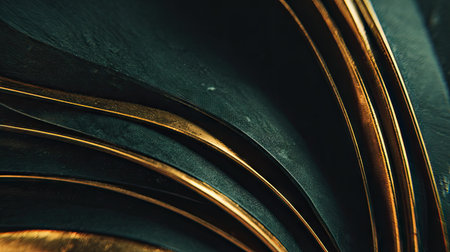 This image presents a close-up of flowing, abstract forms in shades of emerald green and gold. The composition emphasizes curving lines and layers, suggesting a sense of depth and movement. The texture and lighting contribute to a luxurious and elegant visual effect suitable for various design applications.の素材