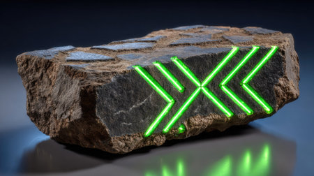 A textured rock features a vibrant geometric design in neon green. The rough, earthy surface contrasts with the smooth, glowing lines. The composition uses soft lighting with a reflective surface. This image could be used for conceptual or design projects.の素材