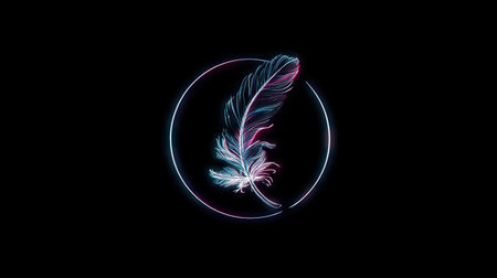 An artistic representation features a stylized feather within a circular frame, illuminated with vibrant neon hues. The composition utilizes a dark background, emphasizing the glowing effect of the central subject. This visual could be suitable for digital art, design projects, or conceptual illustrations in various applications.の素材