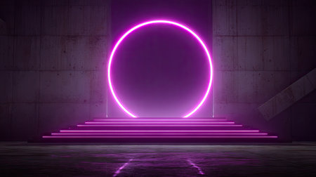 A glowing neon circle hovers above a set of stairs in a dimly lit concrete space. The image features vibrant pink and purple hues contrasting with the textured gray walls. The composition emphasizes symmetry and futuristic design elements suitable for diverse commercial applications.の素材