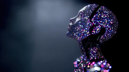 An artistic portrait features a stylized figure adorned with shimmering glitter, contrasting against a dark background. The image showcases a smooth, reflective surface with radiant light. This image could be used for conceptual designs, digital art, or creative projects.の素材