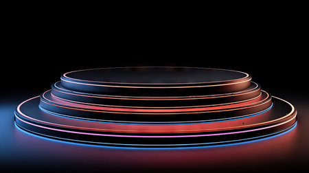 This image presents a multi-tiered circular platform illuminated by neon lights. The design showcases a modern aesthetic with vibrant blue and red accents against a dark backdrop. Suitable for showcasing products or concepts, the image emphasizes elegance and sophistication, making it appropriate for diverse commercial projects.の素材