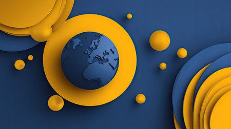 An abstract illustration features a blue globe encircled by yellow and blue concentric circles. The composition uses a flat design with soft shadows and highlights, creating a three-dimensional effect. This graphic could be utilized in presentations, educational materials, or commercial designs that require a global theme.の素材