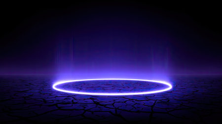 A glowing neon ring illuminates a cracked surface, creating an abstract composition. The image showcases a deep blue color palette with a spotlight effect and a dark background. This visual could be utilized for presentations, website design elements, or conceptual artwork for creative projects.の素材