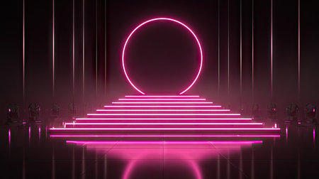 An illuminated stage features a neon pink circle as a central element. The scene showcases a symmetrical staircase with glowing edges and vertical light beams, bathed in a pink hue. The composition employs a dark background and reflective floor, suitable for diverse creative and commercial uses.の素材