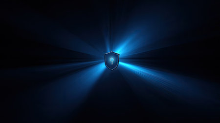 A shield, illuminated with bright blue light, forms the central subject against a dark background. The composition features radial light rays extending outward, creating a dynamic visual effect. It suggests a sense of protection and security. This image could be suitable for digital design projects or visual marketing campaigns.の素材